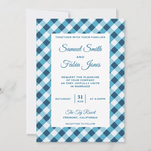 Elegant Blue Gingham Pattern Wedding Invitation Kaart (Voorkant)