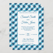 Elegant Blue Gingham Pattern Wedding Invitation Kaart (Voorkant / Achterkant)