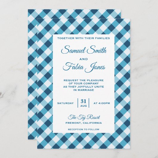 Elegant Blue Gingham Pattern Wedding Invitation Kaart (Voorkant / Achterkant)