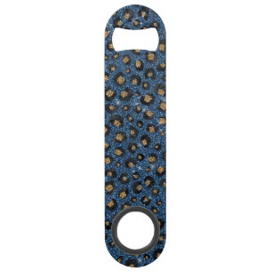 Elegant Blue Glitter Black Gold Leopard Print Speed Flessenopener