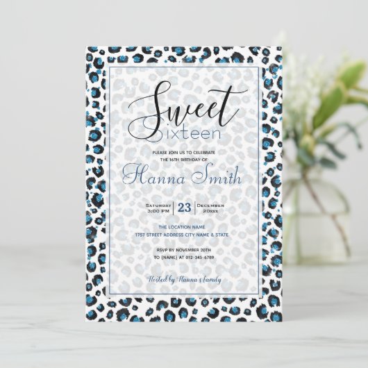 Elegant Blue Glitter Black Leopard Animal Print (Staand voorkant)
