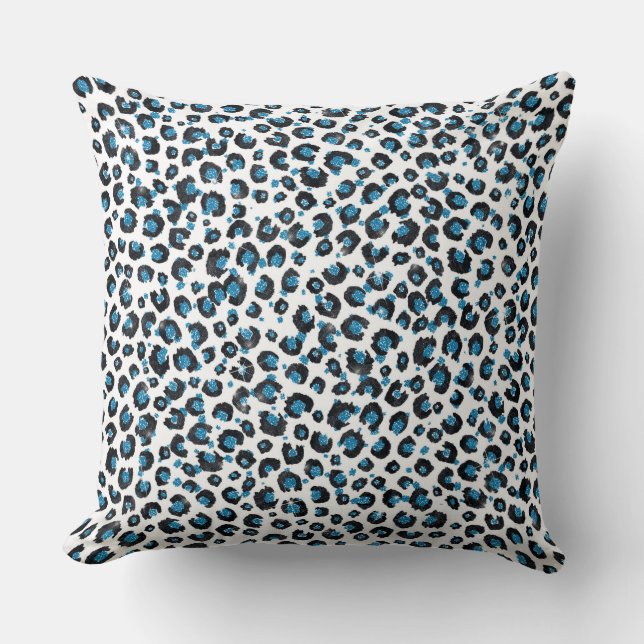 Elegant Blue Glitter Black Leopard Animal Print Kussen (Voorkant)