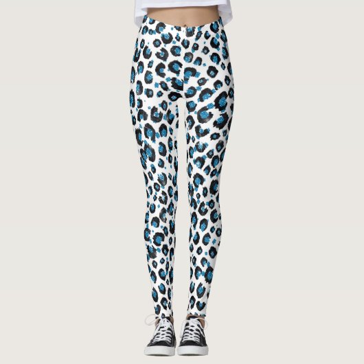 Elegant Blue Glitter Black Leopard Animal Print Leggings (Voorkant)