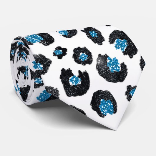 Elegant Blue Glitter Black Leopard Animal Print Stropdas (Opgerold)
