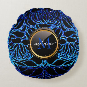 Elegant Blue Glitter Black Zebra Animal Print Rond Kussen