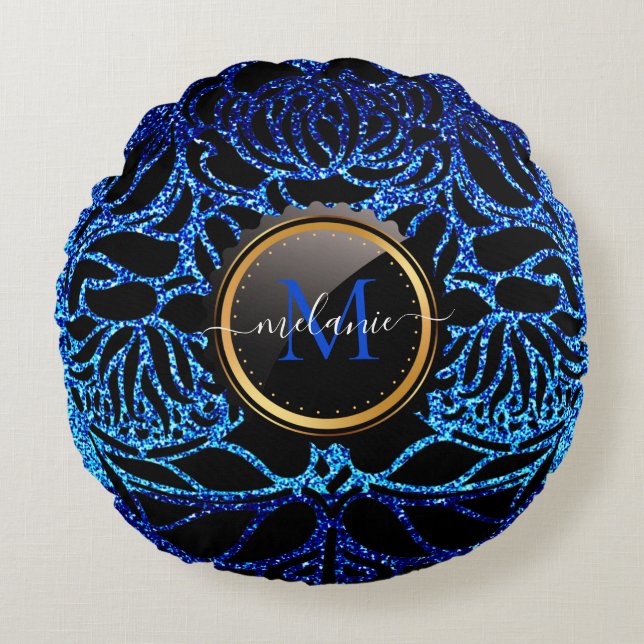 Elegant Blue Glitter Black Zebra Animal Print Rond Kussen (Voorkant)