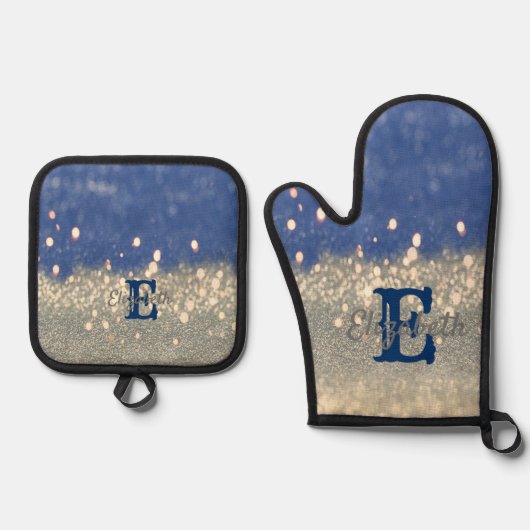 Elegant Blue Glitter Bokeh Monogram Ovenwant & Pannenlap Set (Voorkant)