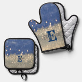 Elegant Blue Glitter Bokeh Monogram Ovenwant & Pannenlap Set (Voorkant / Achterkant)