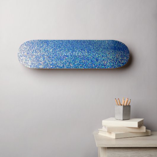 Elegant blue Glitter Custom Name Skateboard (Muurkunst (Horizontaal))