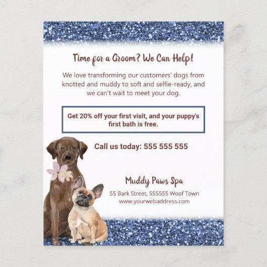 Elegant Blue Glitter Dog Grooming Menu Flyer (Achterkant)