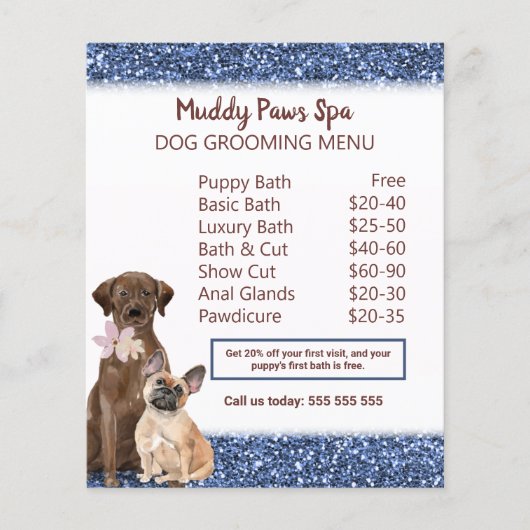 Elegant Blue Glitter Dog Grooming Menu Flyer (Voorkant)