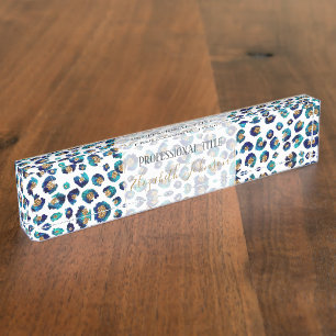 Elegant Blue Glitter Leopard Animal Print Naambordje