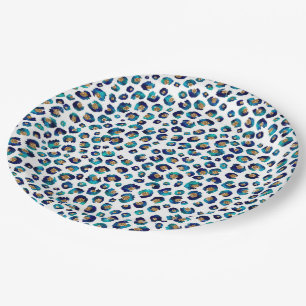 Elegant Blue Glitter Leopard Animal Print Papieren Bordje