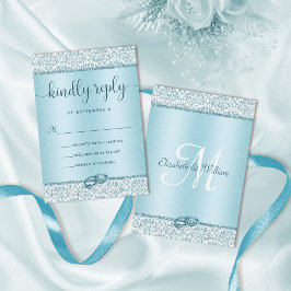 Elegant Blue Glitter Monogram Weddenschap RSVP Kaartje