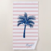 Elegant Blue Glitter Palm Pink Stripes Strandlaken (Voorkant)
