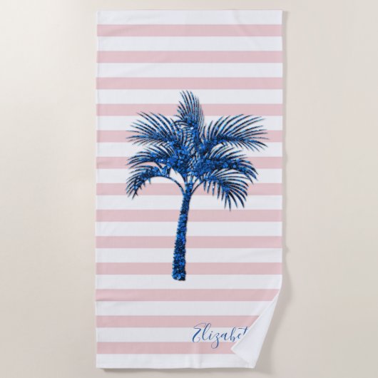 Elegant Blue Glitter Palm Pink Stripes Strandlaken (Voorkant)