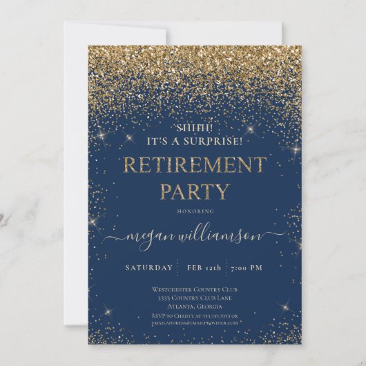 Elegant Blue Glitter Retirement Party Kaart (Voorkant)