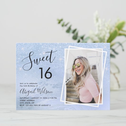 Elegant blue glitter zoete 16-jarige verjaardag kaart (Staand voorkant)