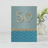Elegant blue gold 50th damask ANY AGE Kaart (Staand voorkant)