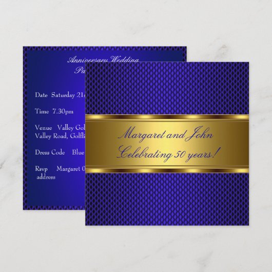 Elegant Blue Gold 50th Jubileum Party Event Kaart (Voorkant / Achterkant)