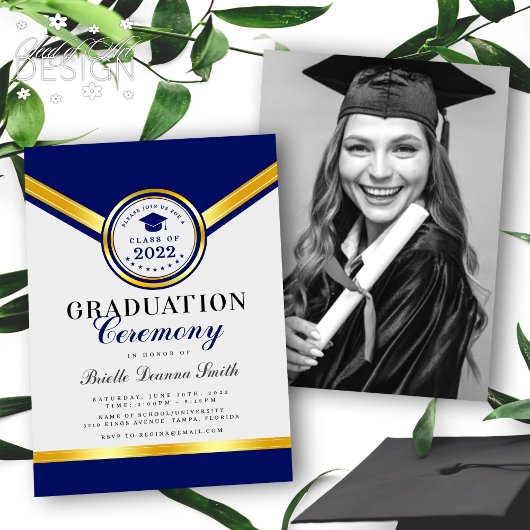 Elegant Blue Gold Afstuderen Ceremony Uitnodiging