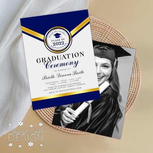 Elegant Blue Gold Afstuderen Ceremony Uitnodiging