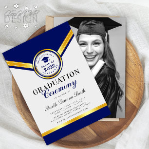 Elegant Blue Gold Afstuderen Ceremony Uitnodiging