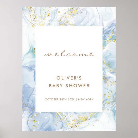 Elegant Blue Gold Agaat Boy Baby shower Welkom Poster (Voorkant)