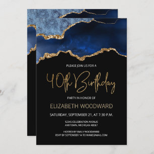 Elegant Blue Gold Agate 40th Birthday Invitation