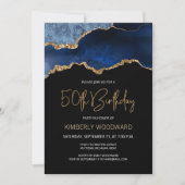 Elegant Blue Gold Agate 50th Birthday Party Kaart (Voorkant)