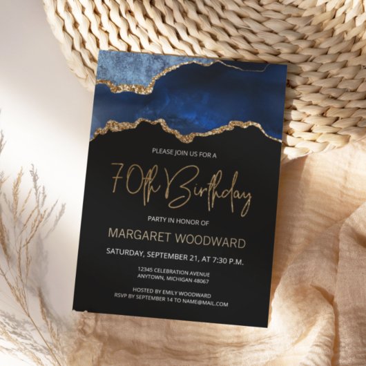 Elegant Blue Gold Agate 70th Birthday Invitation