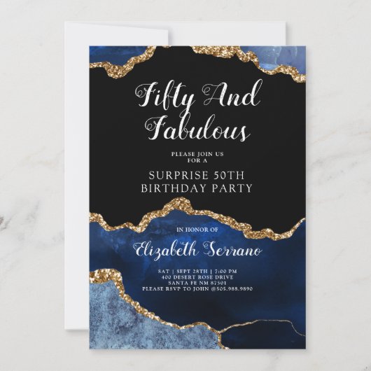 Elegant Blue Gold Agate Surprise 50e verjaardag Kaart (Voorkant)