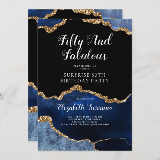 Elegant Blue Gold Agate Surprise 50e verjaardag Kaart (Voorkant / Achterkant)