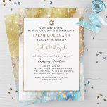 Elegant Blue Gold and Silver Celestial Bat Mitzvah Kaart<br><div class="desc">Delight friends and family with this beautiful and elegant Bat Mitzvah invitation! Design with delicate watercolor and ink celestial background in blue, aqua, gold and silver hues with dainty sparkly stars and gold speckles. Ability to add your ceremony and reception, luncheon, dinner or party details! Ideal for blue and gold...</div>