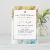 Elegant Blue Gold and Silver Celestial Bat Mitzvah Kaart (Staand voorkant)