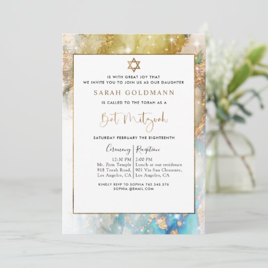 Elegant Blue Gold and Silver Celestial Bat Mitzvah Kaart (Staand voorkant)