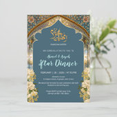 Elegant Blue & Gold Arch Ramadan Iftar Dinner Kaart (Staand voorkant)