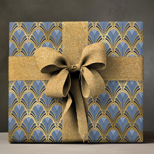Elegant Blue Gold Art Deco  Pattern Cadeaupapier