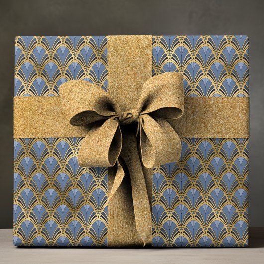 Elegant Blue Gold Art Deco  Pattern Cadeaupapier