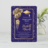 Elegant Blue Gold Balloons Graduation Party Kaart (Staand voorkant)