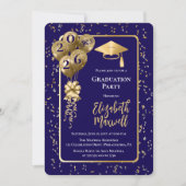Elegant Blue Gold Balloons Graduation Party Kaart (Voorkant)