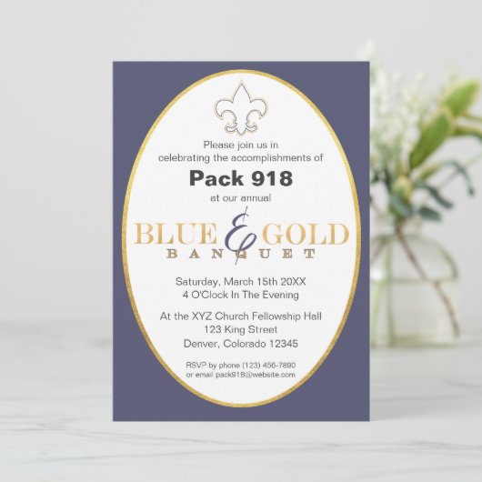 Elegant Blue & Gold Banquet Invitation Kaart (Staand voorkant)