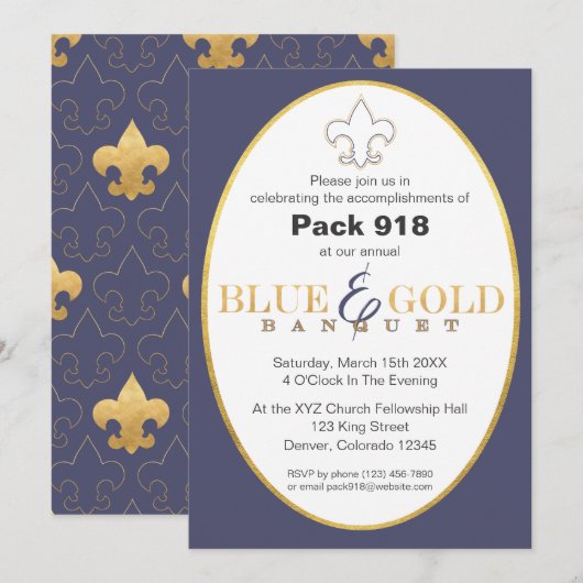 Elegant Blue & Gold Banquet Invitation Kaart (Voorkant / Achterkant)