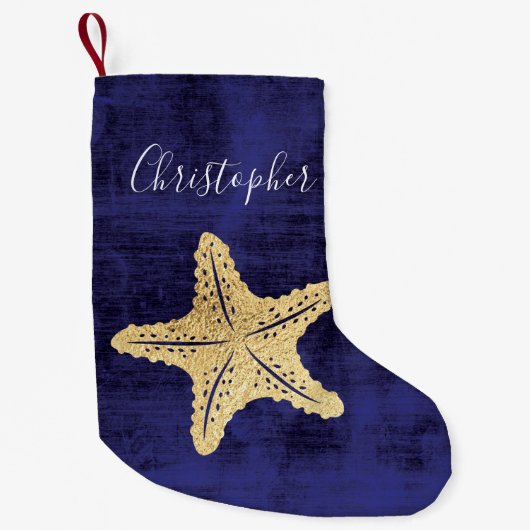 Elegant Blue Gold Beach Zee Star Monogrammed Kleine Kerstsok (Voorkant)