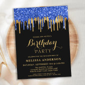 Elegant Blue Gold Black Glitter Drift Birthday Briefkaart