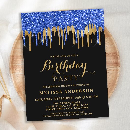 Elegant Blue Gold Black Glitter Drift Birthday Briefkaart