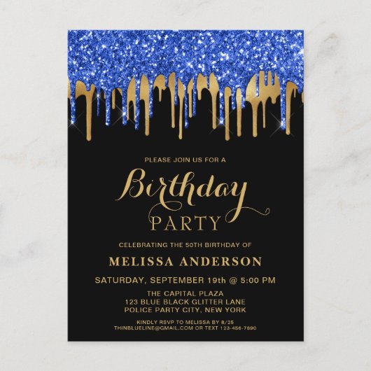 Elegant Blue Gold Black Glitter Drift Birthday Briefkaart (Voorkant)