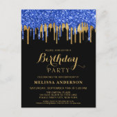 Elegant Blue Gold Black Glitter Drift Birthday Uitnodiging Briefkaart (Voorkant)