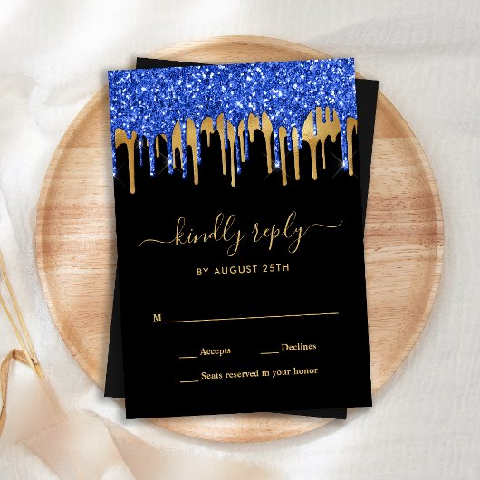 Elegant Blue Gold Black Glitter Drift RSVP Notitiekaartje