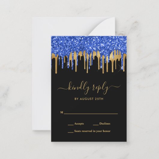 Elegant Blue Gold Black Glitter Drift RSVP Notitiekaartje (Voorkant)